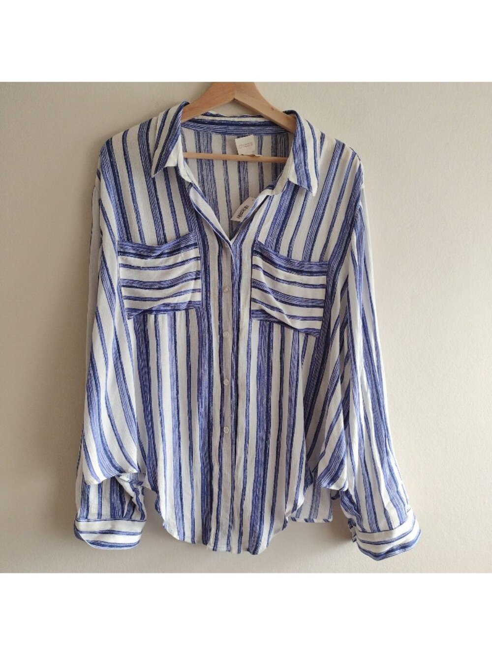 Chicos Blue White Striped Shirt L XL NWT Button Front Rayon Flowy Top New